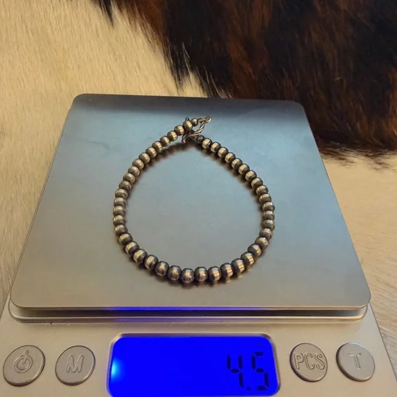 ❤️ 4mm 7.5” Native American Navajo Desert Pearl Sterling Bracelet Toggle Clasp - Picture 7 of 8